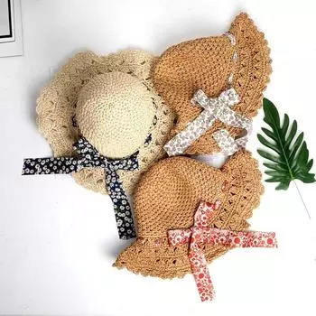 Свежая шляпа с бантом и большим карнизом, вязаная крючком соломенная шляпа, женская пляжная шляпа от солнца, складная фото M56-58cm хаки