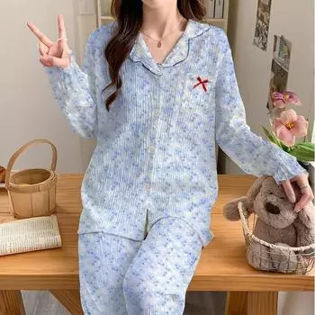 Свежая синяя кружевная женская пижама с цветочным принтом, романтическая эстетика, модная домашняя одежда, молочный шелк, ткань с морщинками M синий