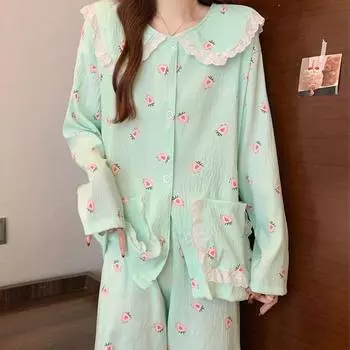 Свежая зеленая сладкая клубничная пижама женская с французским воротником-куклой облако хлопковая домашняя одежда новая одежда для сна с длинными рукавами M