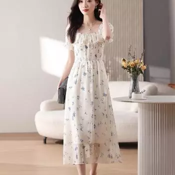 Свежее и нежное шифоновое платье с цветочным принтом, женское летнее длинное платье, пляжная юбка для отпуска XXL абрикосовый