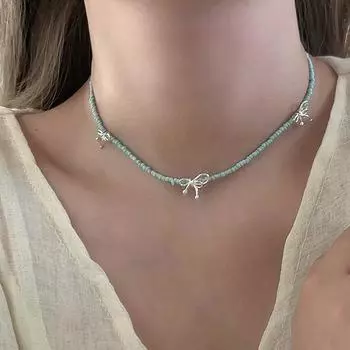 Свежее и нежное синее ожерелье ручной работы из бисера и банта, женское, минималистский стиль, изысканная персонализированная цепочка на шею, цепочка на ключицу