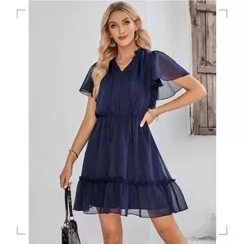 Свежее милое однотонное платье с v-образным вырезом, женское платье с рюшами, лето 2023, женские новые модные элегантные пляжные платья для отдыха на работе S