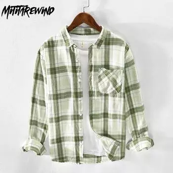 Новые клетчатые рубашки для мужчин, весенние и летние повседневные мужские топы, свободная рубашка с квадратным воротником и длинным рукавом, с карманами, молодежные модные мужские рубашки M зелёный