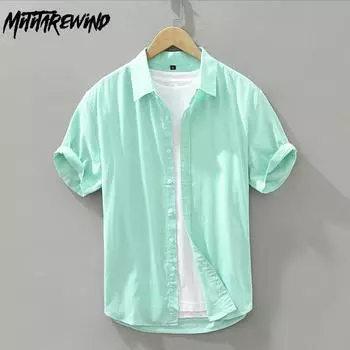 Свежие летние топы, мужские повседневные рубашки с коротким рукавом, классическая рубашка из чистого хлопка на пуговицах, простой стиль, однотонная универсальная рубашка M белый
