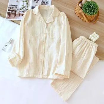 Свежие пижамные комплекты женские двойные марлевые мятые хлопковые пижамы белые с длинными рукавами элегантные чистые хлопковые пижамы M