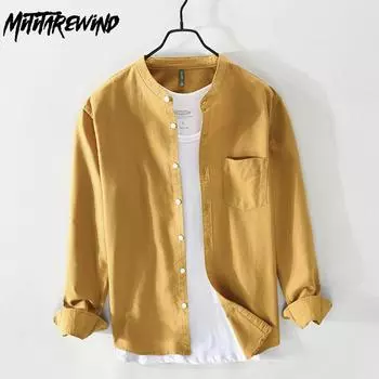 Свежие рубашки с длинным рукавом, мужские весенне-летние повседневные рубашки из чистого хлопка, повседневная рубашка с воротником-стойкой, однотонная рубашка, универсальная простая стильная мужская одежда M чёрный