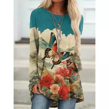 Свежий 3D-принт «Бабочка-цветок» для женщин, осенний топ с длинным рукавом, городской уличный тренд, модный осенний топ с круглым вырезом для женщин S
