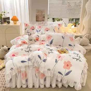 Свежий цветочный молочный бархатный пододеяльник и наволочки 4 шт. Комплект постельного белья Queen King Size Зимняя кружевная юбка-кровать Мягкая простыня 1.5x2m-59x79inch bed