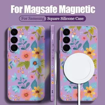 Свежий цветочный принт для чехла для телефона Magsafe для Samsung S24 S23 Ultra S22 S21 Plus S20 FE, мягкий ремешок, противоударный защитный чехол для линз, тонкий магнитный чехол Samsung S24 Ultra чёрный