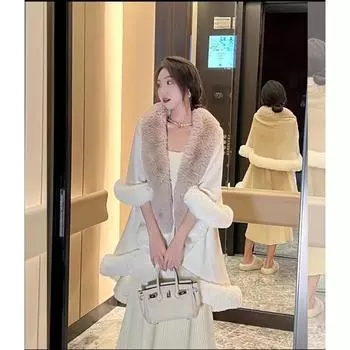 Свежий двухслойный постепенный переход цвета меховой воротник с подвесным крашением вязаный кардиган шаль накидка 0108 # One size хаки