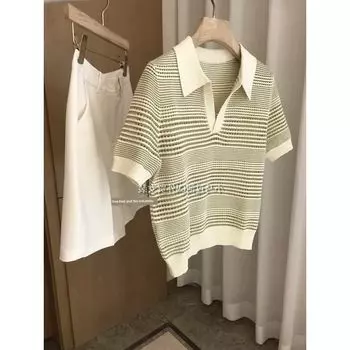 Свежий и Белый, Рекомендуем!!! Женский свитер поло с воротником в французском стиле из ультратонкого органического хлопка с ажурным жаккардовым узором Green Cut Out Jacquard S