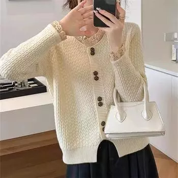 Свежий и милый новый вязаный кардиган осеннее пальто в иностранном стиле маленький кружевной свитер женский с длинными рукавами One size