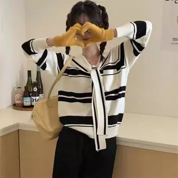 Свежий и милый свитер с воротником темно-синего цвета в стиле колледжа, осенне-зимний, новый контрастный цвет, полосатый, свободный, универсальный, женский свитер, топ one size fits all