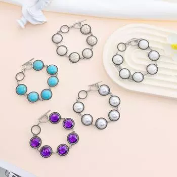 Свежий круглый геометрический браслет из зеленого камня с простым и элегантным темпераментом, разноцветный браслет в стиле ретро с бусинами 20.5cm белый