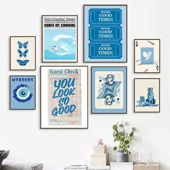 Свежий синий винтажный покерный билет на стену с изображением дамы и туза, настенная живопись, скандинавские постеры и принты, настенная картина для гостиной, декоративная 21x30cm No Framed