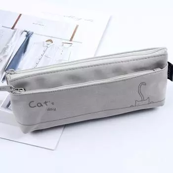 Свежий стиль, хлопчатобумажные сумки-карандаши, двухслойные студенческие пеналы с мультяшным котом, простые практичные пеналы светло-серый