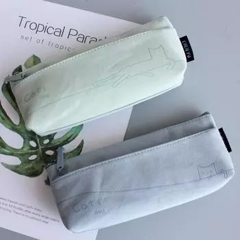 Свежий стиль, хлопчатобумажные сумки-карандаши, двухслойные студенческие пеналы с мультяшным котом, простые практичные пеналы светло-серый