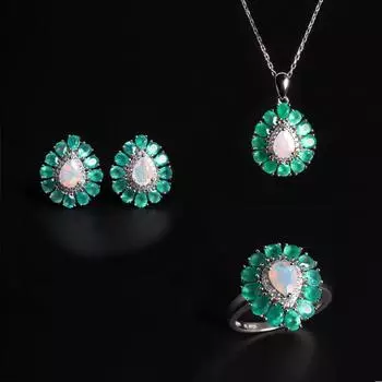 Свежий стиль, серьги-кольца из натурального зеленого агата с красочным опалом, ожерелье, легкий роскошный комплект женских элегантных украшений US RING SIZE:6# зелёный