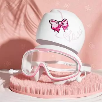 Swimming Goggles Waterproof Anti-fog HD Professional Women Large Frame Swimming Goggles Diving Swim Cap Set Equipment Bow OneSize