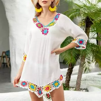 Купальник накидка V-образная спина Цветочная шея Половина вязания крючком V-образные рукава Тонкий солнцезащитный крем Super белый