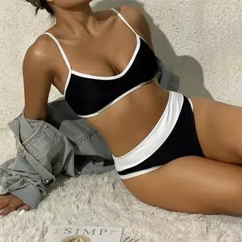 Swimsuti Женщины Бикини Твердые Черные Стринги С Высокой Талией Купальники Бикини Набор Купальники Купальный Костюм L