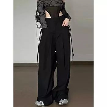 Свисающие повседневные брюки для женщин на весну и осень, черные с высокой талией, универсальные, утягивающие, брюки длиной до пола, свободные широкие брюки, модные S чёрный