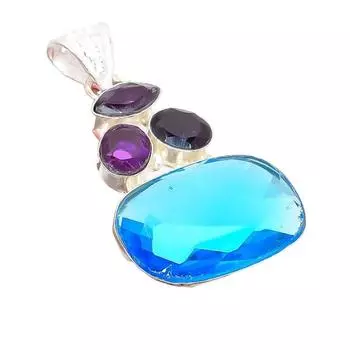 Swiss Blue Topaz, Amethyst Gemstone 925 Sterling Silver Jewelry Pendant 2.09 AH-5260 2.17 синий