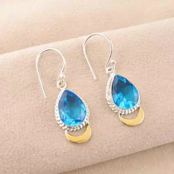 Swiss Blue Topaz Gemstone 925 Fine Silver Jewelry Handmade Earrings 1.5 For Her EE-162-10