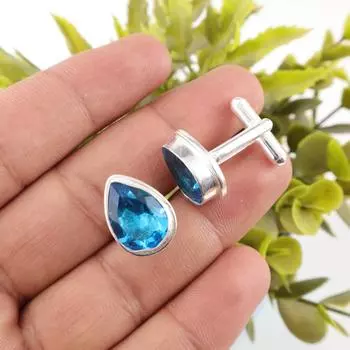 Swiss Blue Topaz Gemstone 925 Sterling Silver Handmade Partywear Cufflinks 0.66 CL-6-10