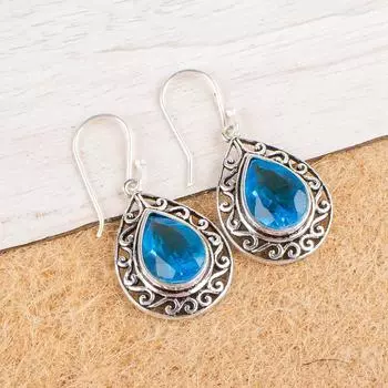 Swiss Blue Topaz Gemstone 925 Sterling Silver Jewelry Handmade Earrings 1.72 CE-4-8