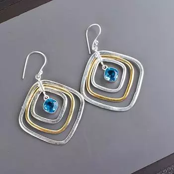 Swiss Blue Topaz Gemstone 925 Sterling Silver Handcrafted Jewelry Earrings 2.44 EE-70-7