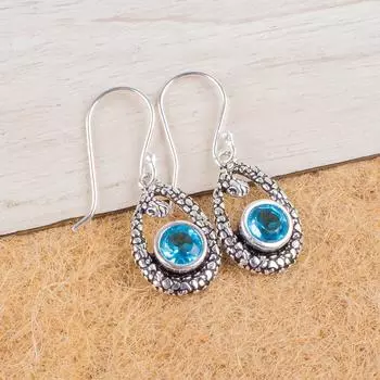 Swiss Blue Topaz Gemstone 925 Sterling Silver Jewelry Drop/Dangle Earrings 1.38 CE-3-5