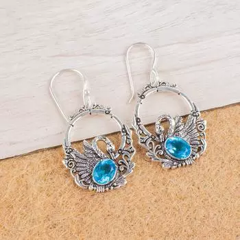 Swiss Blue Topaz Gemstone 925 Sterling Silver Jewelry Drop/Dangle Earrings 1.64 CE-2-15