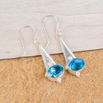 Swiss Blue Topaz Gemstone 925 Sterling Silver Handmade Drop/Dangle Earrings1.80 EE-50-4