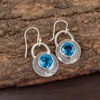 Swiss Blue Topaz Gemstone 925 Sterling Silver Jewelry Handmade Earrings 1.30 EE-63-11