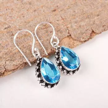 Swiss Blue Topaz Gemstone 925 Sterling Silver Handmade Earrings Gift For Her EE-97-4