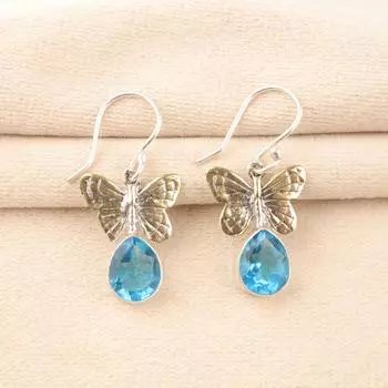 Swiss Blue Topaz Gemstone 925 Sterling Silver Jewelry Handcrafted Earrings 1.3 EE-155-11
