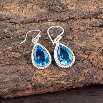 Swiss Blue Topaz Gemstone 925 Sterling Silver Handcrafted Women s Earrings 1.40 EE-9-6