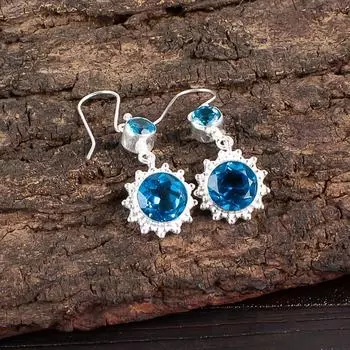 Swiss Blue Topaz Gemstone 925 Sterling Silver Jewelry Drop/Dangle Earrings 1.80 EE-13-9