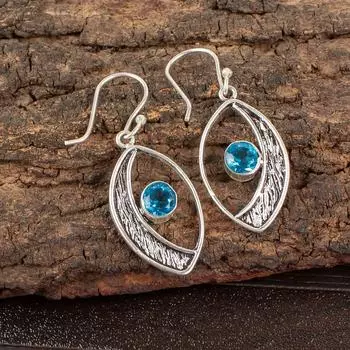 Swiss Blue Topaz Gemstone 925 Sterling Silver Jewelry Handcrafted Earrings 1.60 EE-61-4