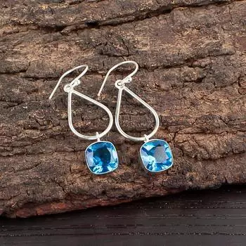 Swiss Blue Topaz Gemstone 925 Sterling Silver Handcrafted Jewelry Earrings 1.90 EE-7-9
