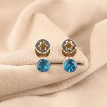Swiss Blue Topaz Gemstone 925 Sterling Silver Jewelry Star & Moon Studs0.8 Gift EE-141-14