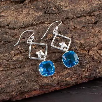 Swiss Blue Topaz Gemstone 925 Sterling Silver Jewelry Drop/Dangle Earrings 1.70 EE-10-3