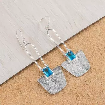 Swiss Blue Topaz Gemstone 925 Sterling Silver Handcrafted Jewelry Earrings 2.2 EE-68-7