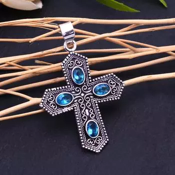 Swiss Blue Topaz Gemstone Handmade 925 Sterling Silver Pendant 3 L6o77