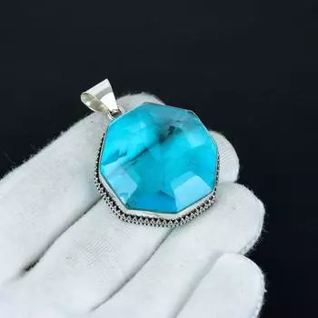 Swiss Blue Topaz Pendant, 925 Sterling Silver Pendant, Octagon Handmade Pendant, Antique Pendant, Gemstone, Blue Pendant, Gift For Her 2.16 синий