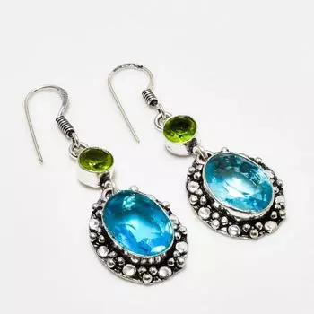 Ювелирные серьги с швейцарским голубым топазом и драгоценным камнем перидот 925 пробы, покрытые серебром, 1,89 дюйма