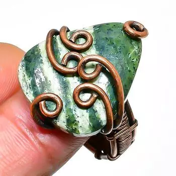 Кольцо из швейцарского зеленого опала, драгоценный камень, ручная работа, медная проволока, размер 8,5