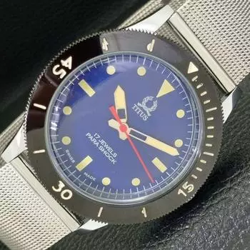 SWISS MENS 40MM REFURBISHED TITUS TURNABLE BEZEL BLUE DIAL WATCH 430580-2 R103-a430580