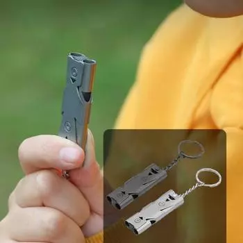 Свисток для выживания на открытом воздухе с брелоком, двойная трубка, 80-150 дБ, высокий децибел, свисток из нержавеющей стали, инструмент для тренировки птиц, товары для выживания в чрезвычайных ситуациях светло-серый